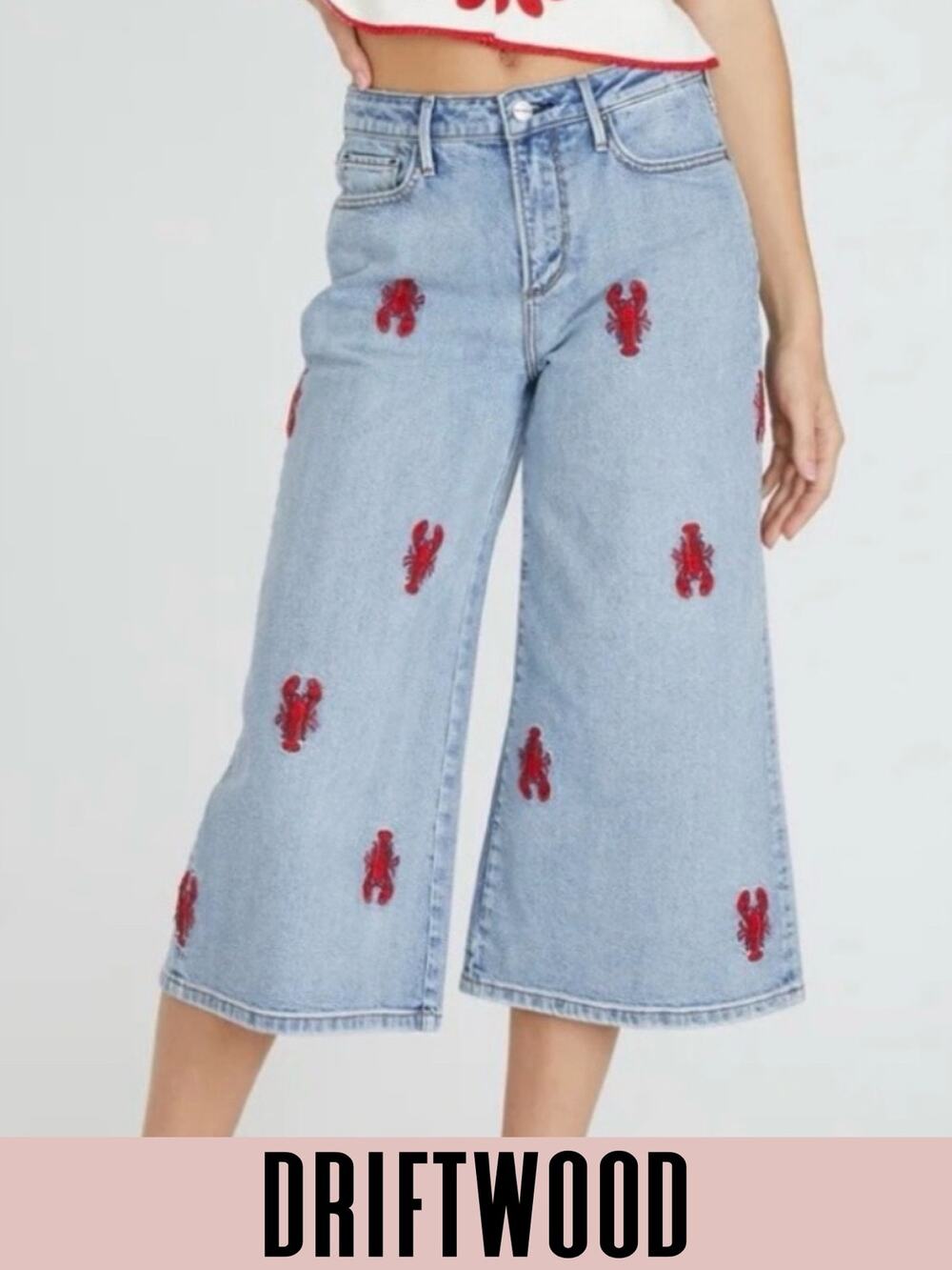 Driftwood jeans culotte relaxed wide-leg crop pants lobster embroidered boho 14